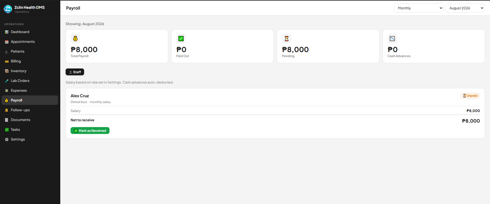ZclinHealth payroll dashboard